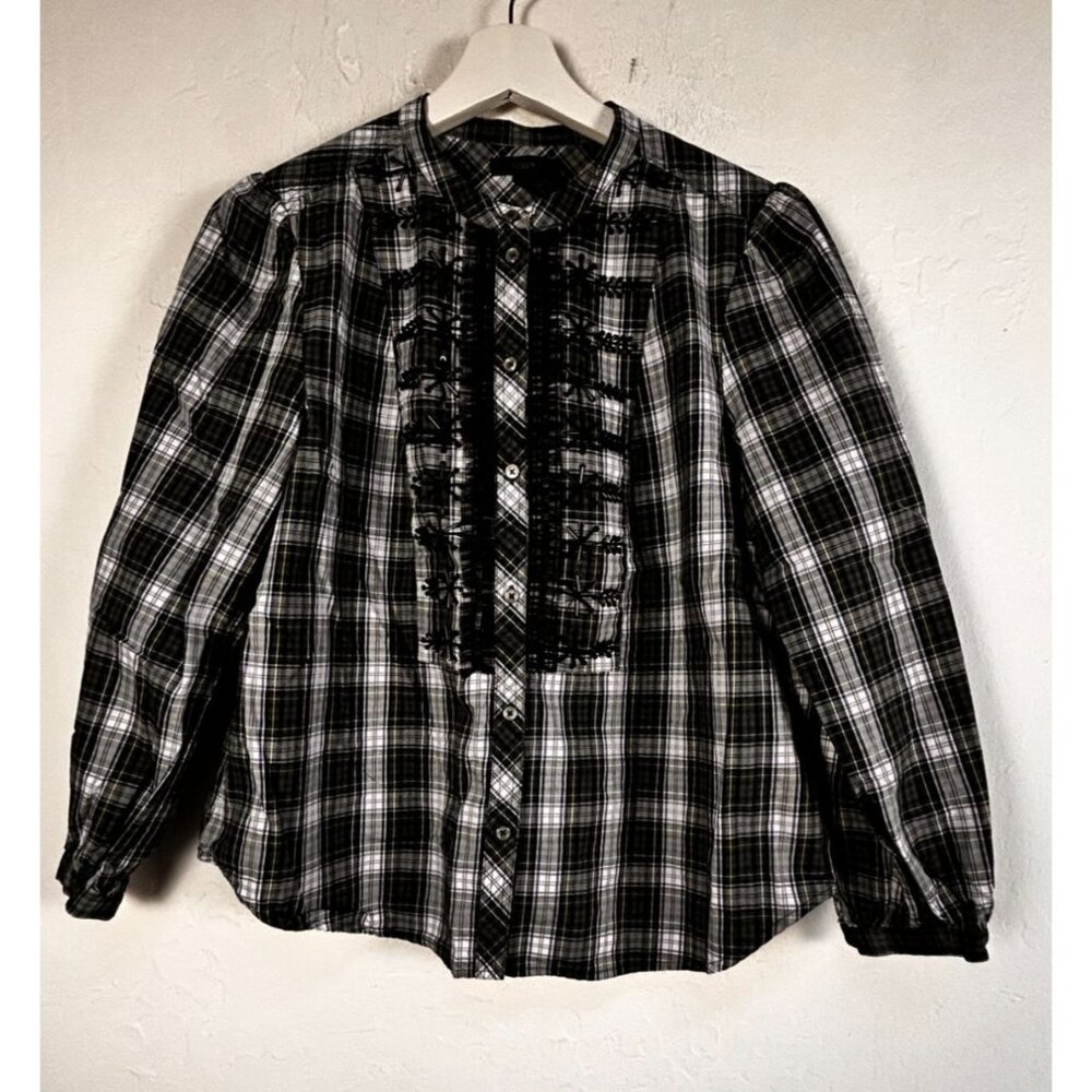 J. Crew Womens Beaded Sequin Embellished Green Tartan Plaid Blouse Top Size PM